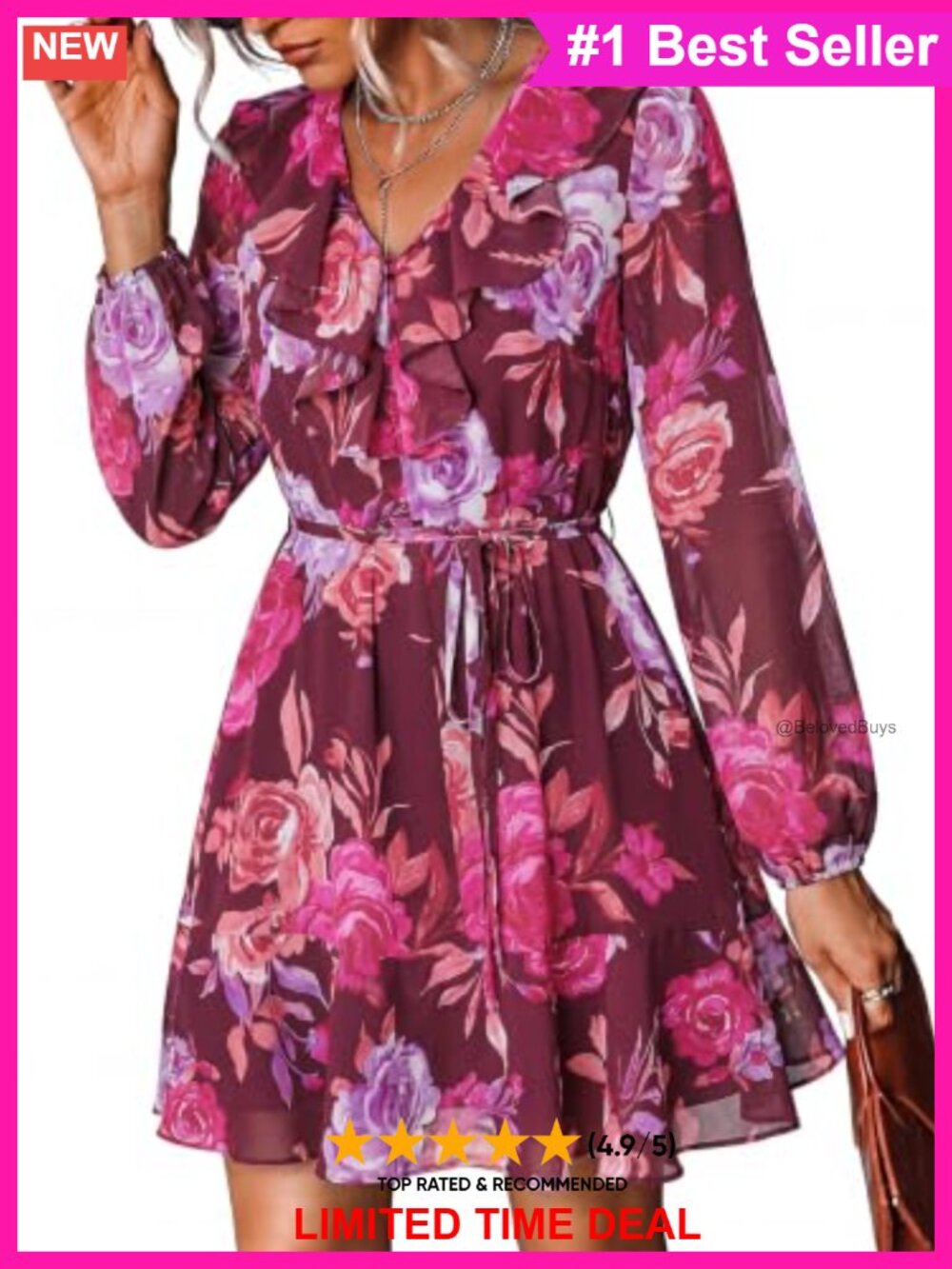 Women Chiffon Floral Polka Dot Belted V-Neck Mini Dress Long Puff Sleeve